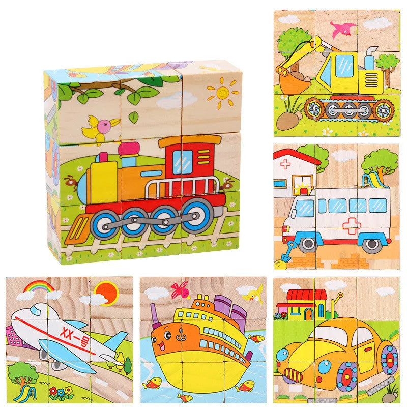 Baby Toys Wooden Blocks, Six-Side Cube Jigsaw Puzzles