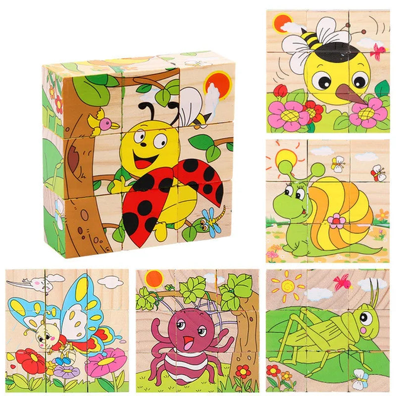 Baby Toys Wooden Blocks, Six-Side Cube Jigsaw Puzzles