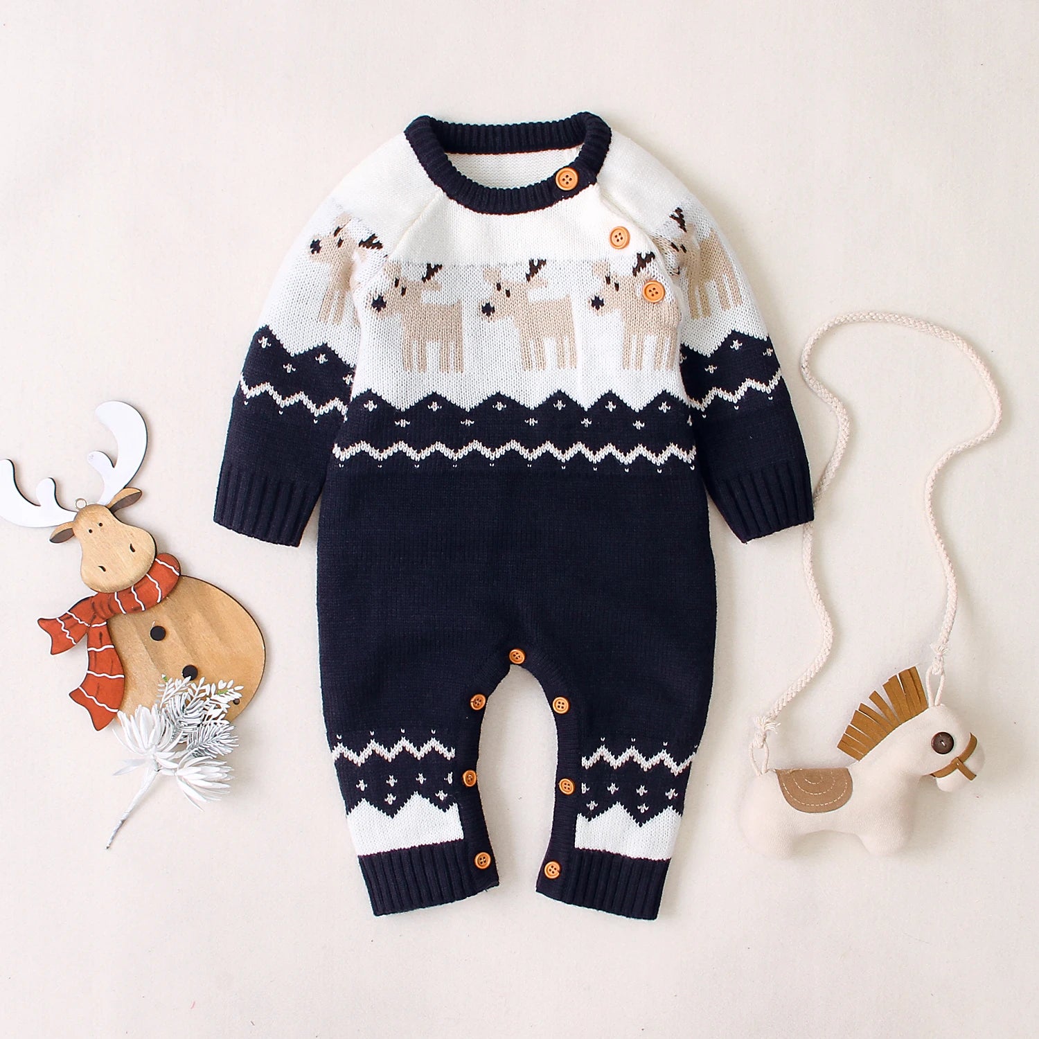 Baby Boys Christmas Knitted Romper with Deer Print