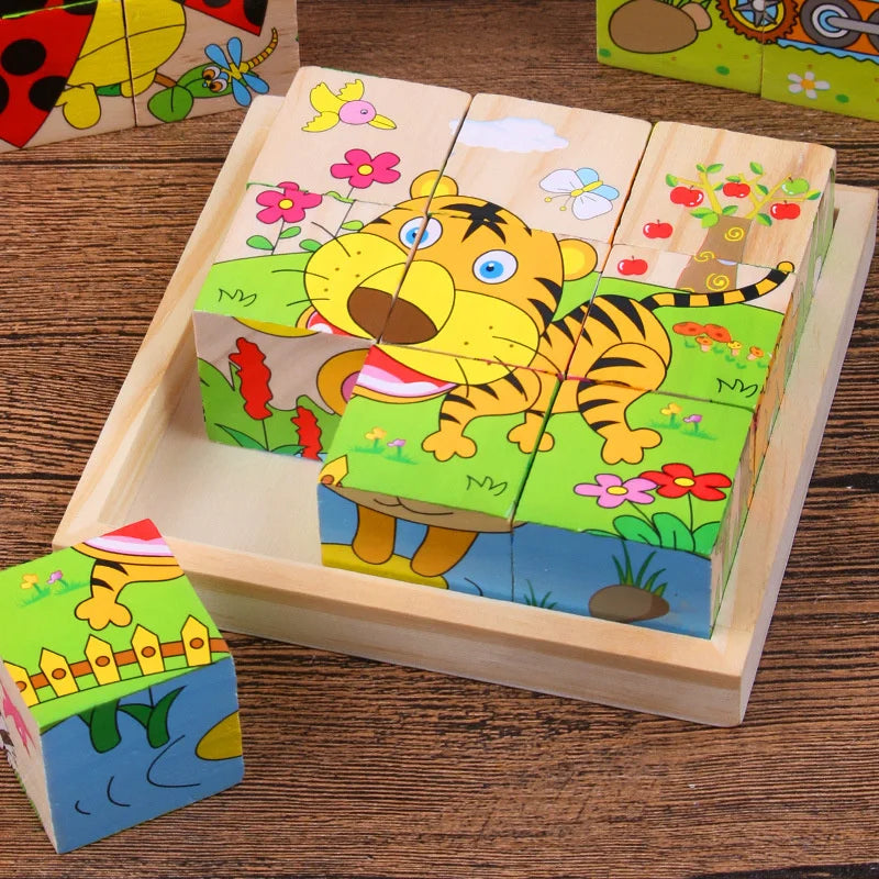 Baby Toys Wooden Blocks, Six-Side Cube Jigsaw Puzzles