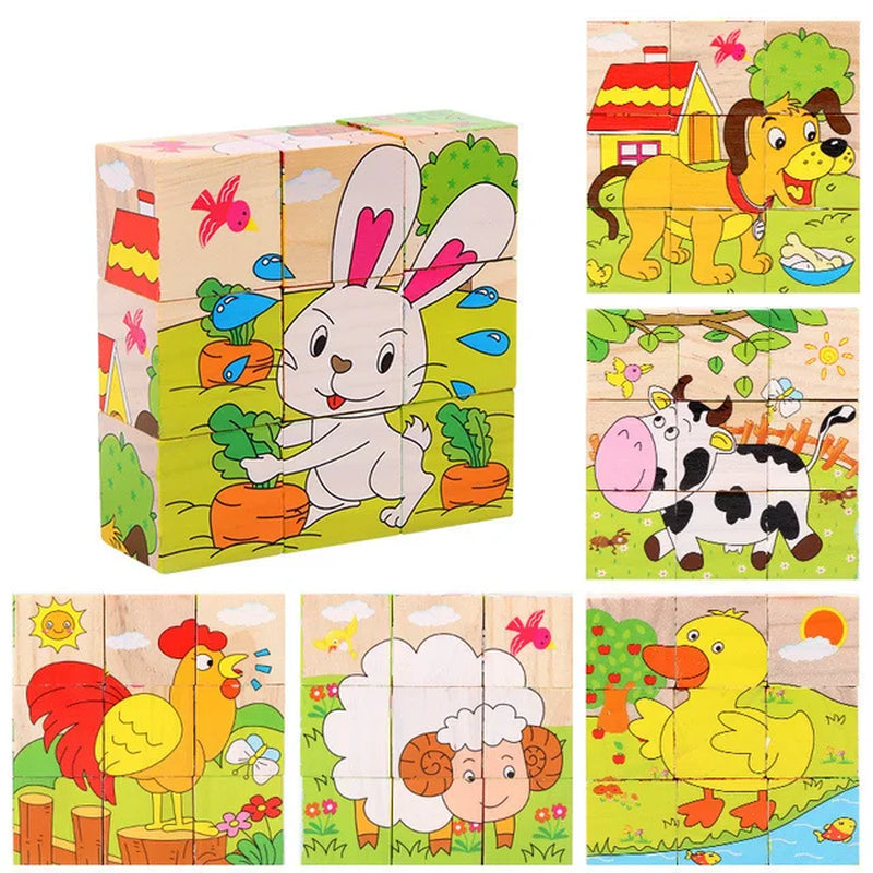 Baby Toys Wooden Blocks, Six-Side Cube Jigsaw Puzzles