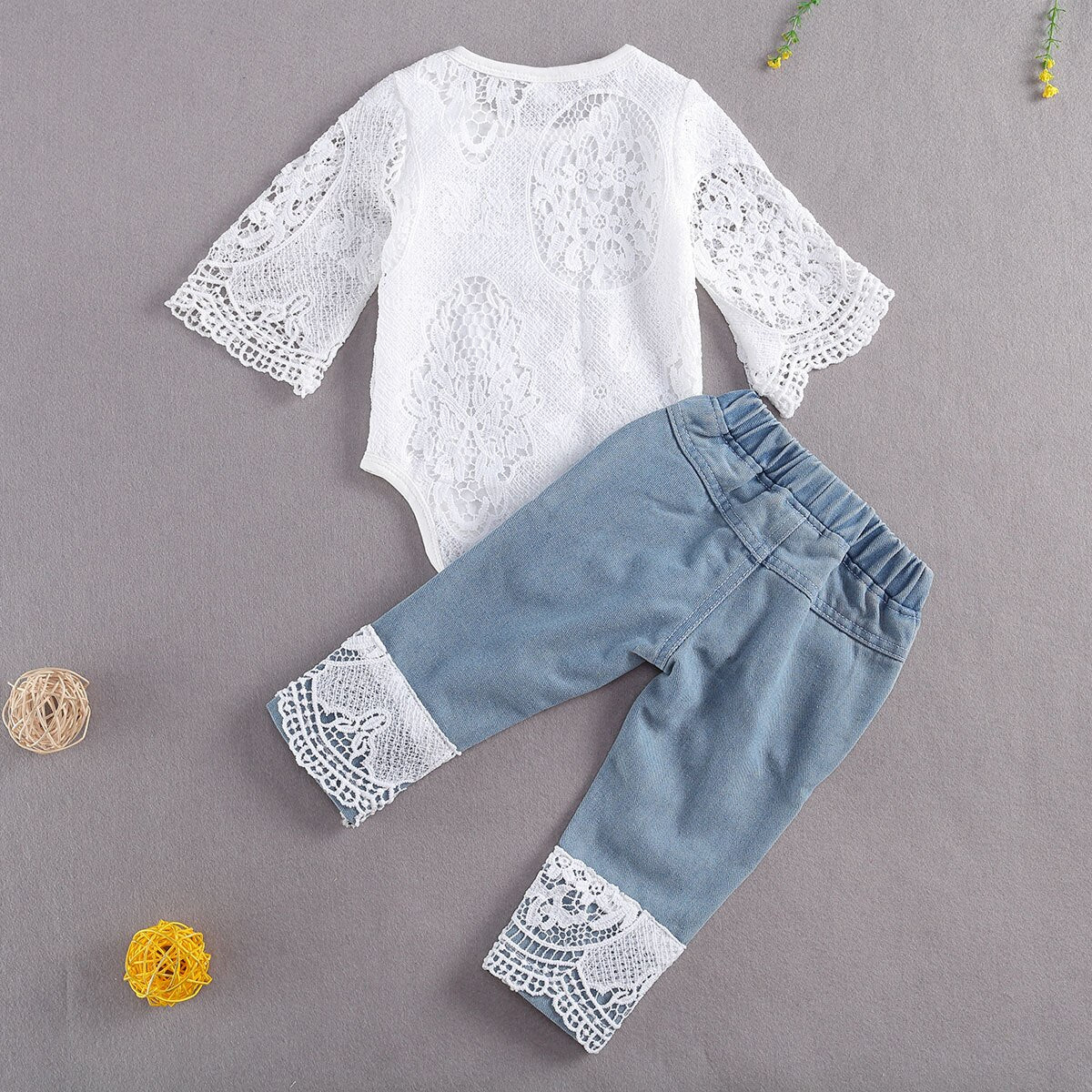 Baby Girl Set Lace White Romper & Denim Pants Outfits 