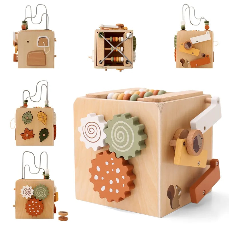 Baby Montessorri Toys Wooden Five-In-One Wooden Multifunctional Toys Activity Cube Silicone Geometric Blocks Educational Toys