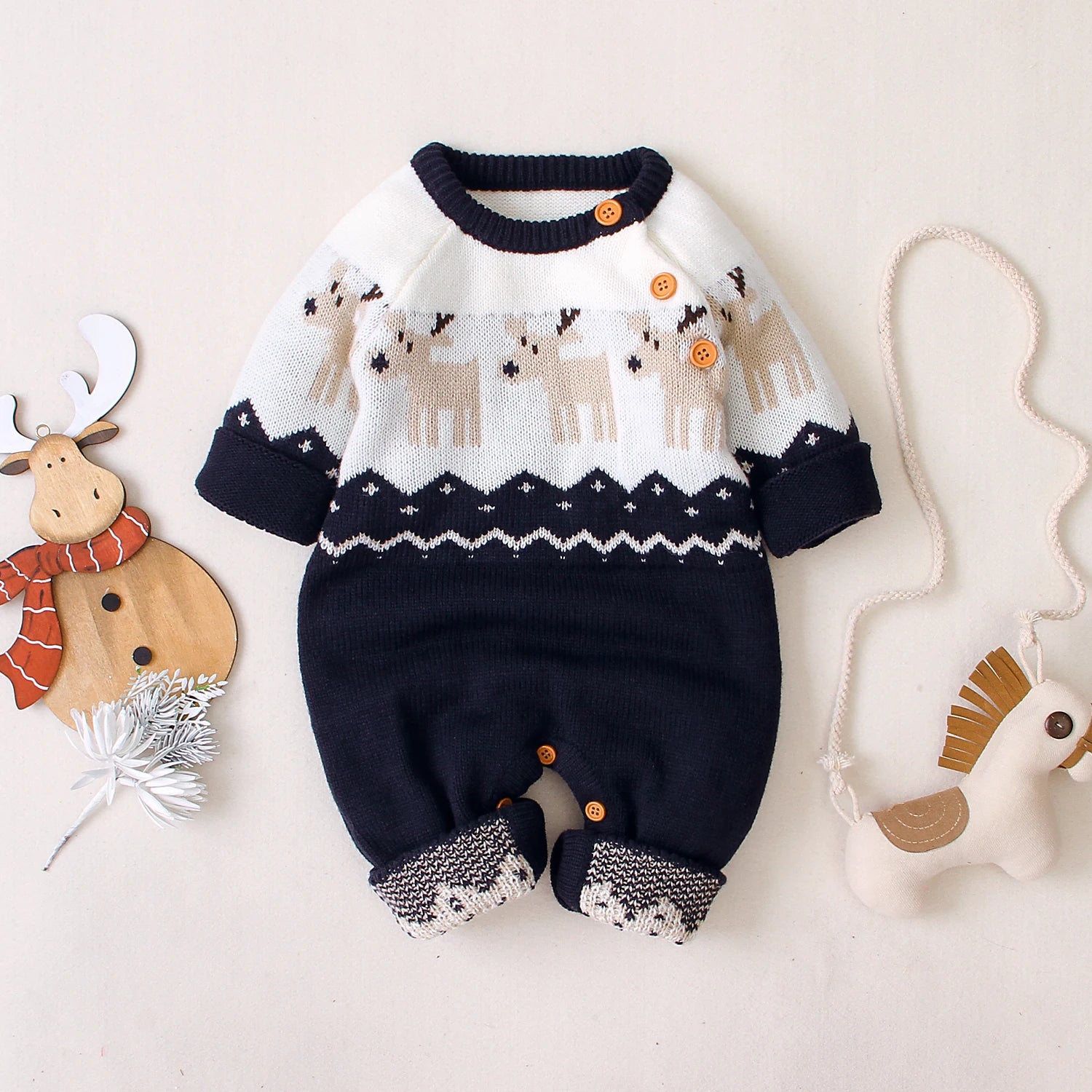 Baby Boys Christmas Knitted Romper with Deer Print