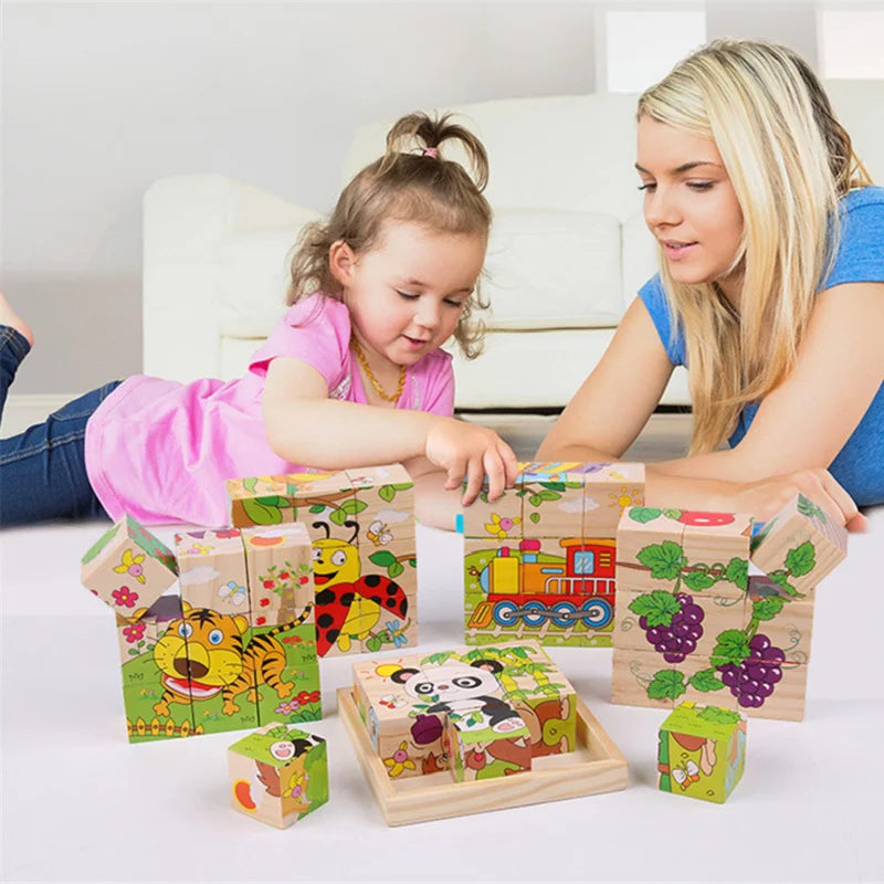 Baby Toys Wooden Blocks, Six-Side Cube Jigsaw Puzzles