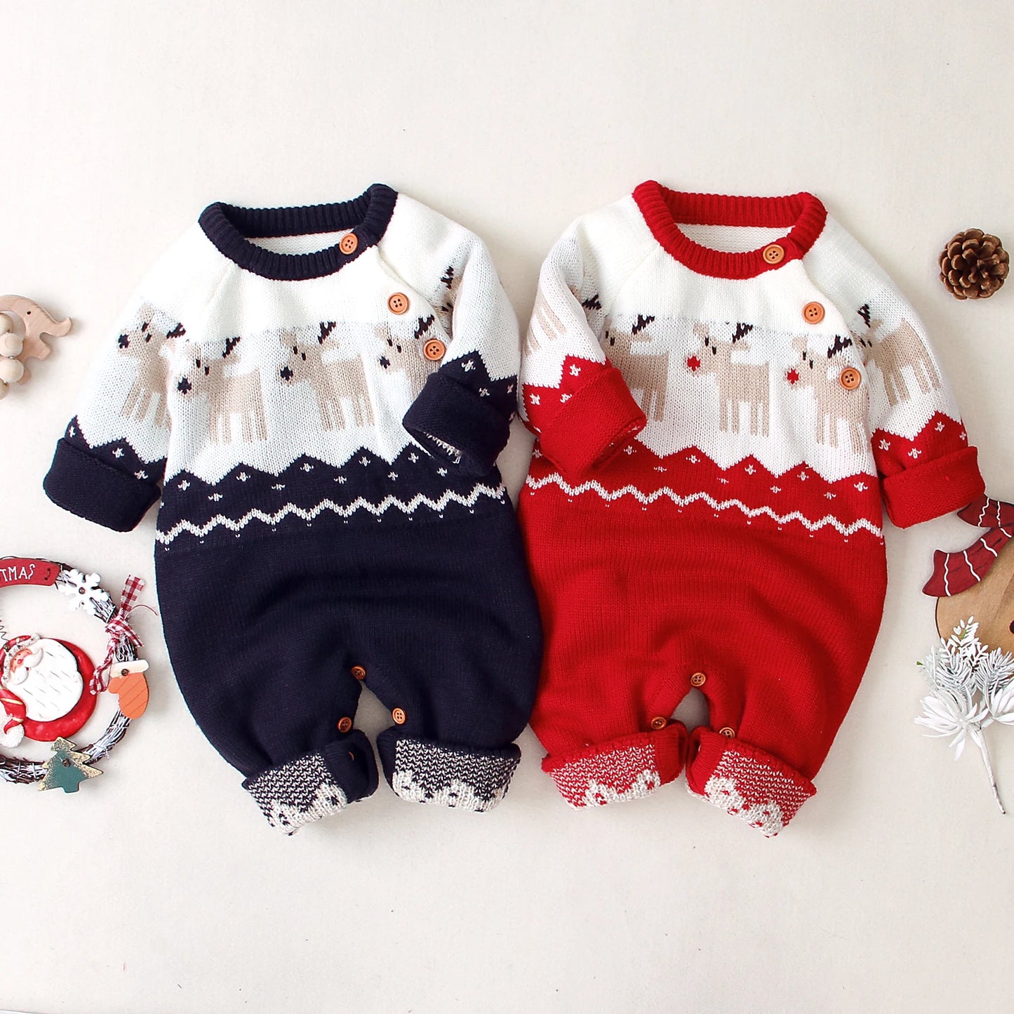 Baby Boys Christmas Knitted Romper with Deer Print