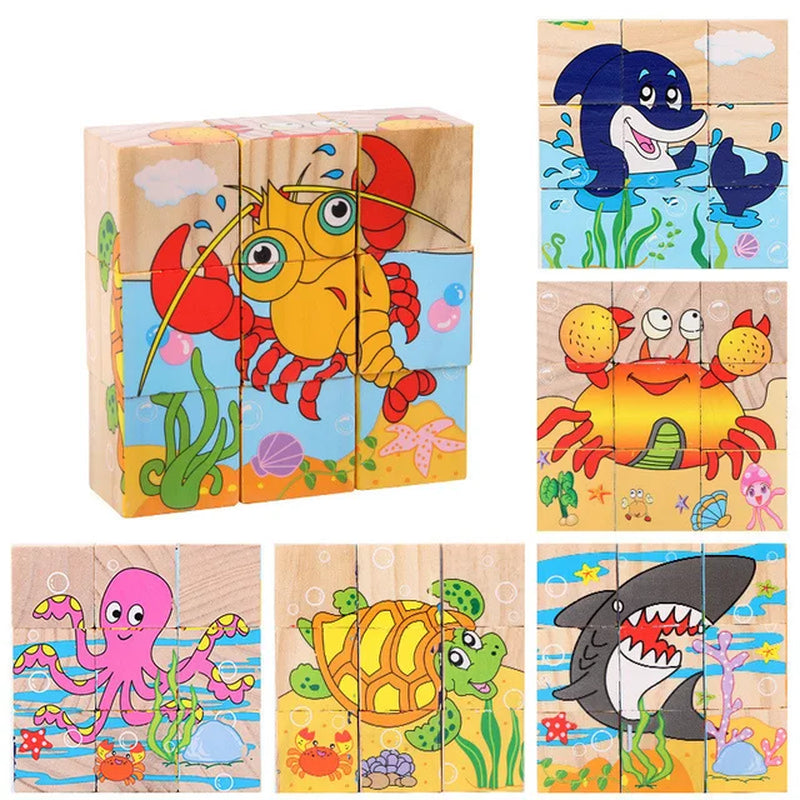 Baby Toys Wooden Blocks, Six-Side Cube Jigsaw Puzzles