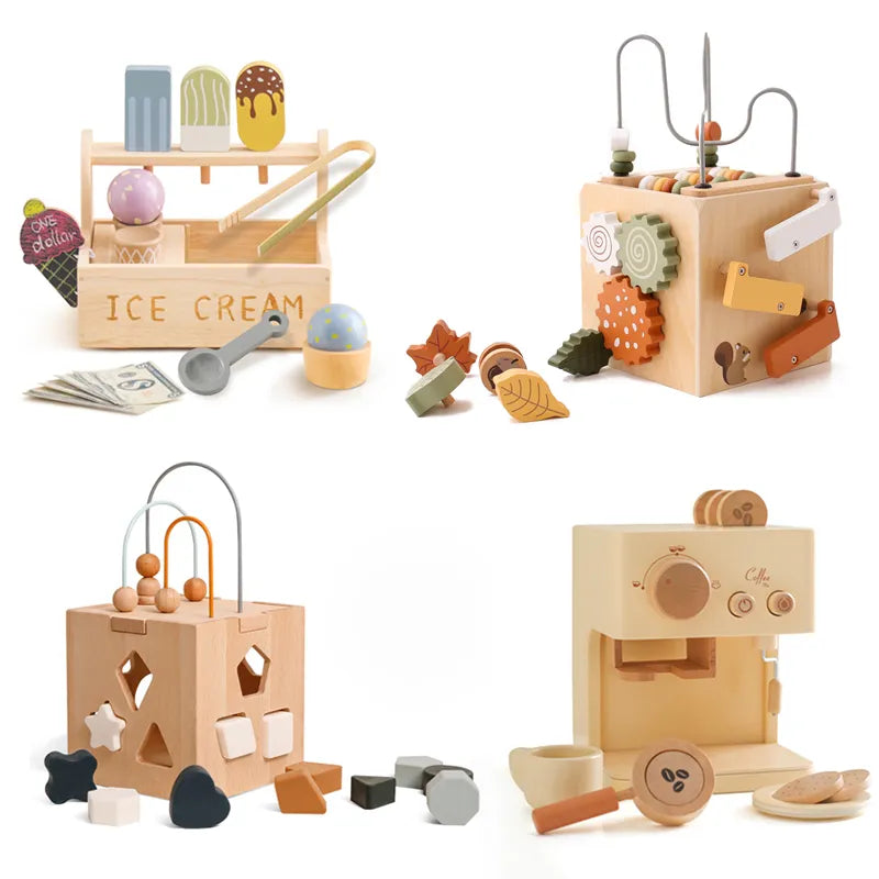 Baby Montessorri Toys Wooden Five-In-One Wooden Multifunctional Toys Activity Cube Silicone Geometric Blocks Educational Toys