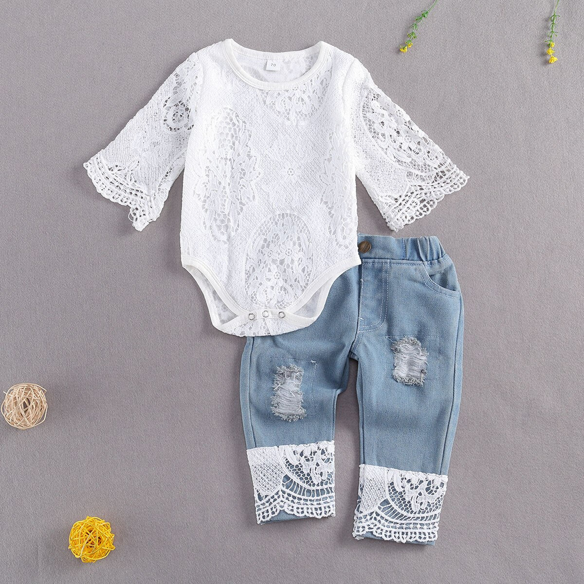 Baby Girl Set Lace White Romper & Denim Pants Outfits 