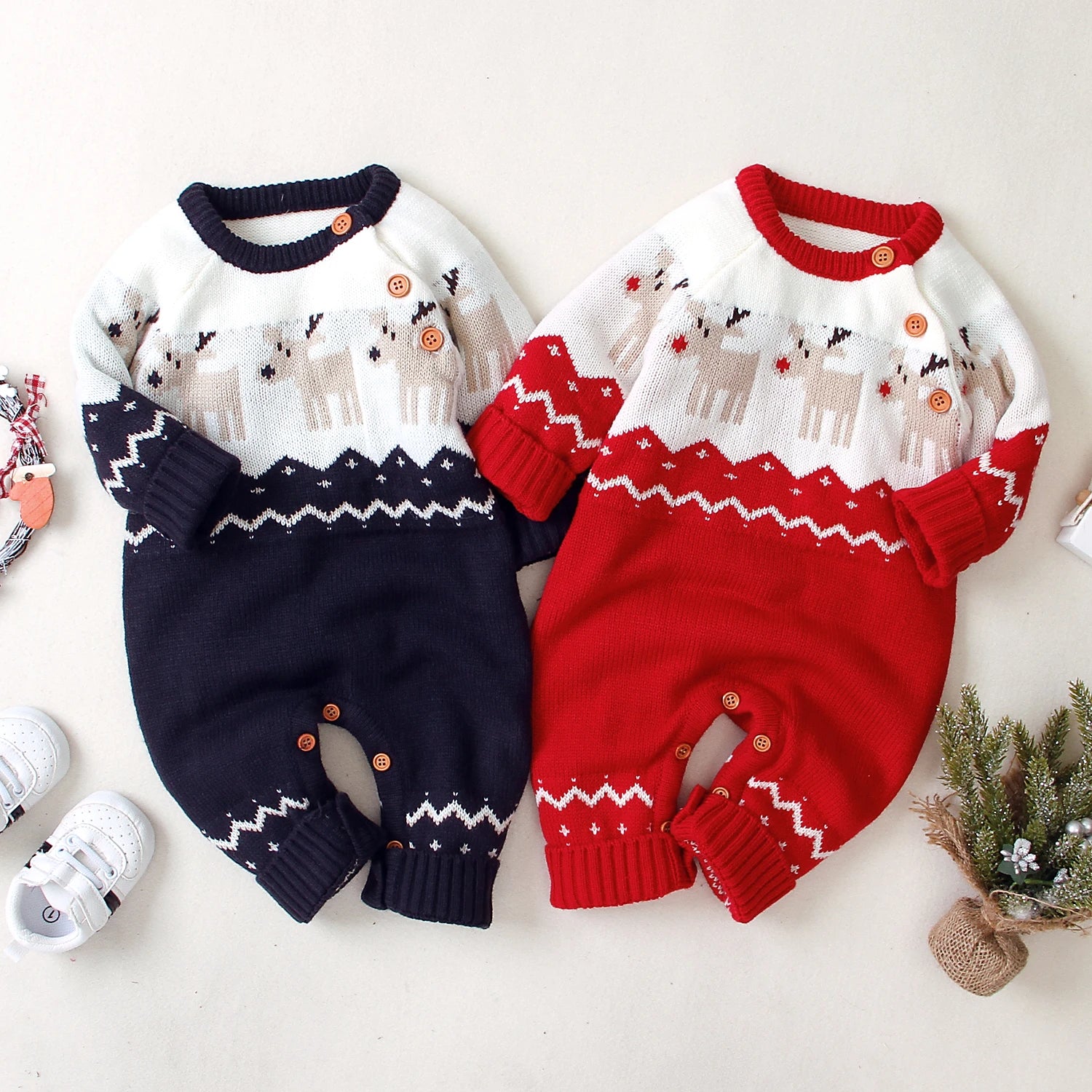 Baby Boys Christmas Knitted Romper with Deer Print