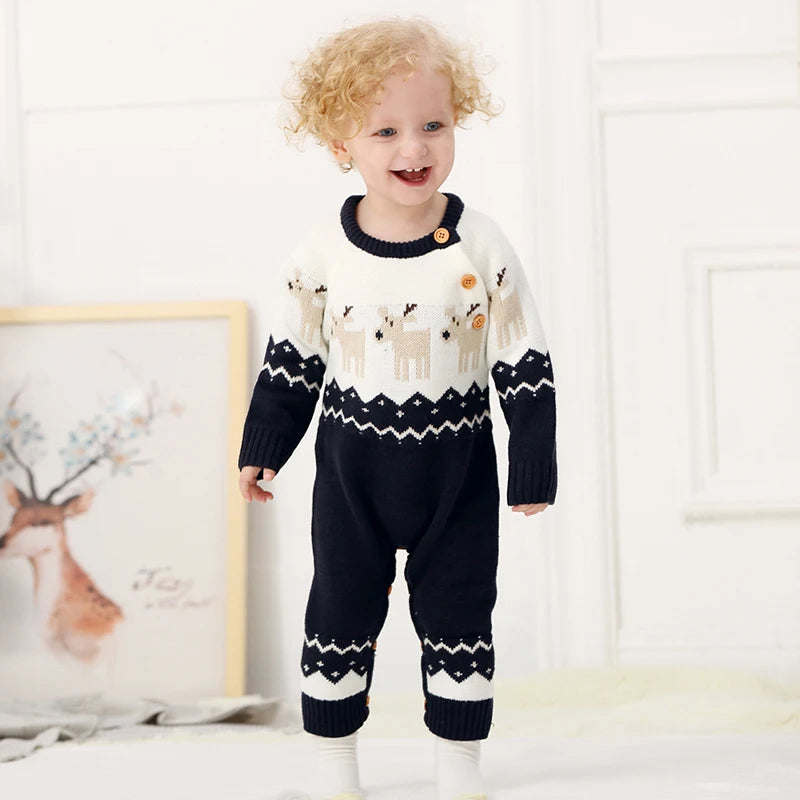 Baby Boys Christmas Knitted Romper with Deer Print