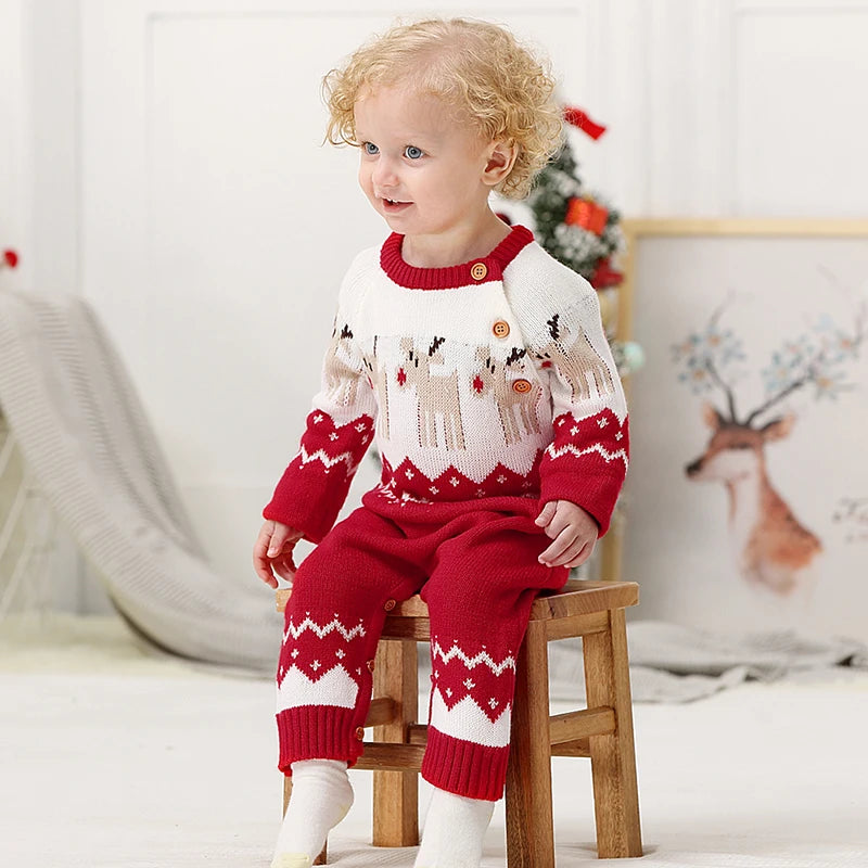 Baby Boys Christmas Knitted Romper with Deer Print